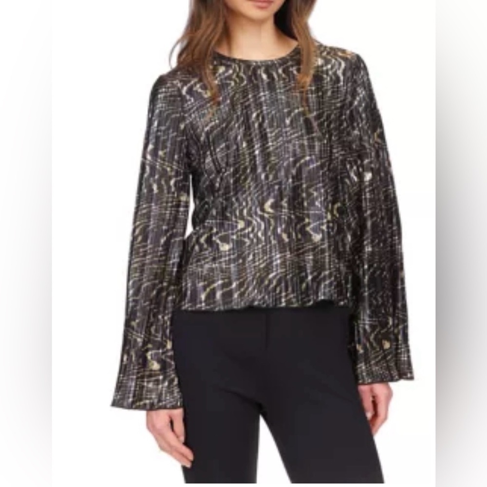 NWT Women MICHAEL KORS Boho chic Retro Flare Sleeve Foil Print Blouse Navy gold